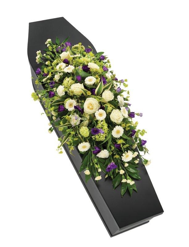 Purple and White Casket Tribute